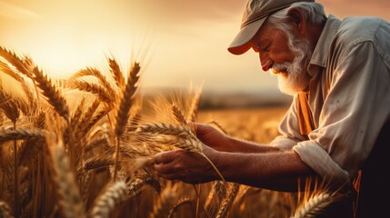 An elderly farmer checks the ripeness of wheat. Harvest concept.  A man plucks wheat with his hand at sunset. 