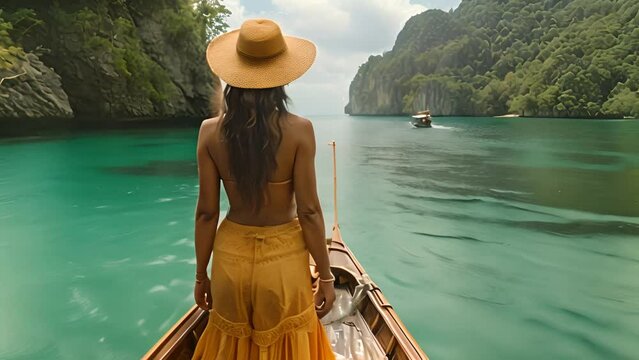 Beautiful woman sitting on long tail boat wearing straw hat on tropical blue lagoon. Women at the Tropical lagoon beach of Koh Loa Lading Krabi Thailand part of the Koh Hong Islands in Thailand. 