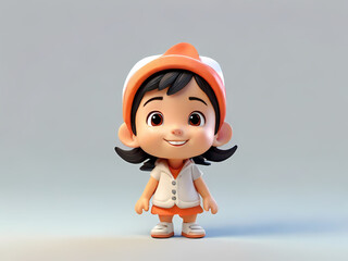 A 3D character of a charming little girl with black hair, adorned in an orange hat, vest, and skirt, with a white shirt, against a light blue backdrop