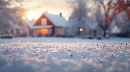 A snow covered lawn with houses in the background. 