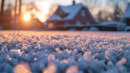 A snow covered lawn with a modern house in the background.  - obrazy, fototapety, plakaty