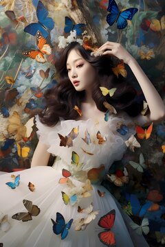 An enchanting image of a Korean model surrounded by colorful butterflies, creating a magical and ethereal atmosphere.