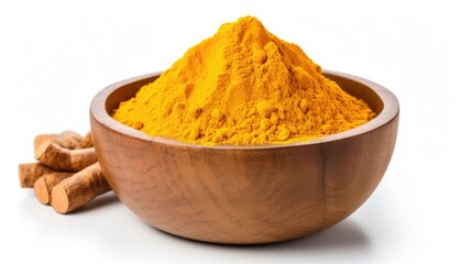 turmeric with yellow powder in a wooden bowl isolated on a white background, front view 