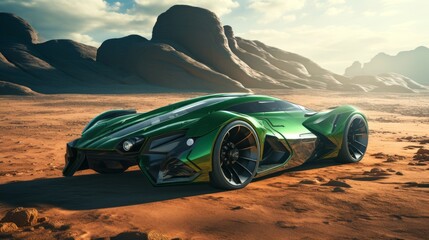 Futuristic green sports car in a desert landscape of an alien planet. Concept of innovation, speed, luxury vehicles, and technology. Extraterrestrial automobile. Fantasy world