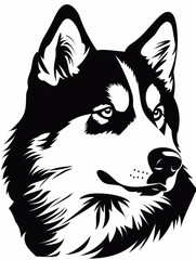 A black and white drawing of a husky dog's head.