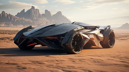 Fototapeta na wymiar Futuristic black sports car in a desert landscape of an alien planet. Concept of innovation, speed, luxury vehicles, and technology. Extraterrestrial automobile