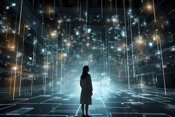 A woman, a symbol of the modern era, stands in a high-tech space, engrossed in intricately connected databases, illuminated with cinematic precision.