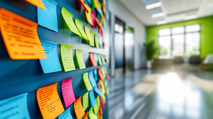 Collaborative Office Strategy, Colorful Sticky Notes on a Planning Board, Teamwork and Brainstorming Session