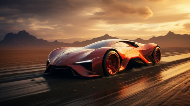Futuristic red sports car in a desert landscape of an alien planet. Concept of innovation, speed, luxury vehicles, and technology. Extraterrestrial automobile