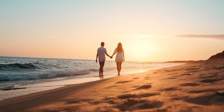 Beach, sunset and couple holding hands with love, support and relationship security on summer holiday in Portugal. Mockup space, sand and back of partner, soulmate or people on evening walk together