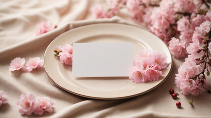  Plate with Blank Card and Cherry Blossom on Beige Fabric"