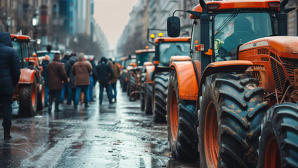Tractors blocked city streets, causing traffic jams, as agricultural workers protested tax increases, law changes, and benefit removal in a street rally - obrazy, fototapety, plakaty