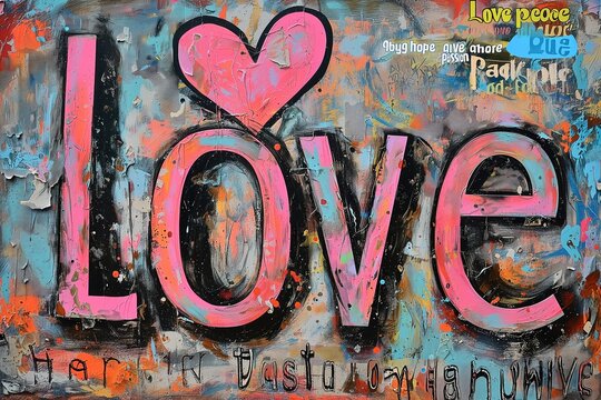 Graffiti on a Wall, Love with a Heart of the Word, Pink Letters, Street Art Mural, Romantic Backdrop, Vintage Wallpaper, Valentine Card Background