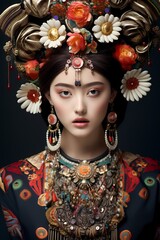 A close-up of a Korean model with intricate traditional-inspired accessories, showcasing the fine details of Korean fashion craftsmanship.