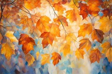 Sunlight filtering through a canopy of autumn leaves, creating a mesmerizing dance of warm hues on a crinkled paper surface.