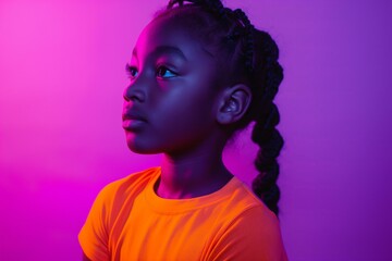 young black girl wearing highlighter orange neon t shirt on a bold purple background