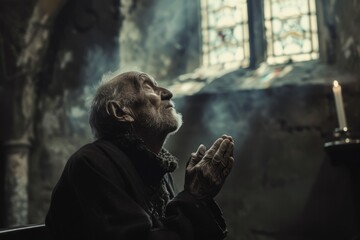 A lonely man praying in a quiet church. 