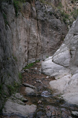 Fototapeta na wymiar The hiking path and stream flowing across the rocky canyon. 