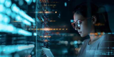 Software, coding hologram and woman on tablet thinking of data analytics, digital technology and night overlay. Programmer or IT person in glasses on 3d screen, programming and cybersecurity research - obrazy, fototapety, plakaty