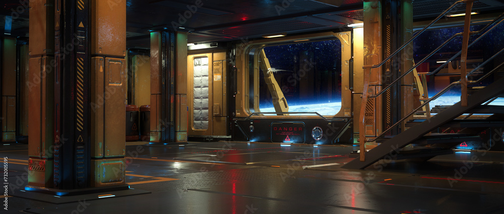 Poster Cinematic wide view of a planet in space through the window of a space ship. Sci-fi fantasy 3D render.