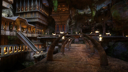 Fototapeta na wymiar Huge dark cavernous home of fantasy dwarves built inside a mountain. 3D illustration.