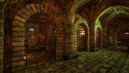 Row of empty prison cells in an old medieval dungeon passage. 3D illustration. - obrazy, fototapety, plakaty