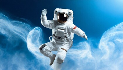 Fototapeta premium Dancing astronaut on the background of the blue background 