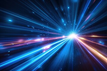 Vector Abstract, science, futuristic, energy technology concept. Digital image of light rays, stripes lines with blue light, speed and motion blur over dark blue background