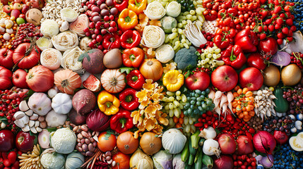 Colorful display of fresh fruits and vegetables, highlighting the diversity and richness of natures bounty in healthy eating