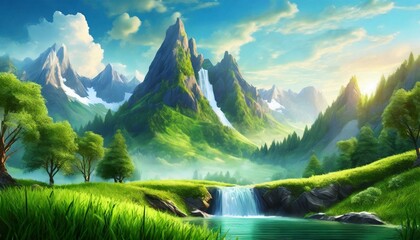 Obraz premium 3d landscape with green grass surface, waterfall and trees, mountains