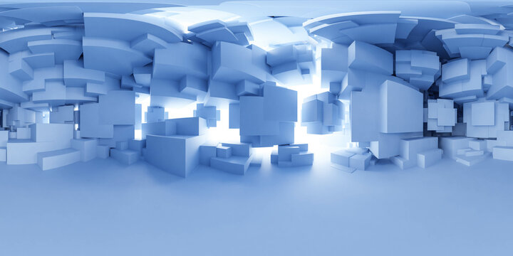 Fototapeta Abstract Blue and White Geometric Shapes Floating in a Surreal Space 360 panorama vr environment map