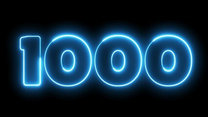 1000 Electric blue lighting text with black background. 1000 Number. One thousand neon sign.