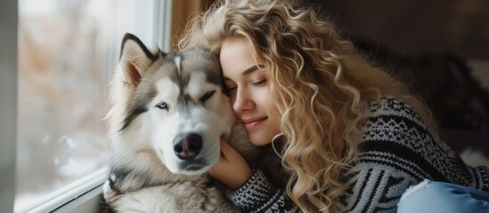 A woman shares a happy moment with a Husky dog, a carnivorous companion breed, by sitting together on a window sill, both smiling and sharing the joy.