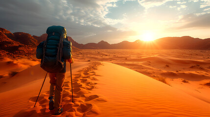 A hiker with a backpack walking through the desert at sunset. Ai generated.