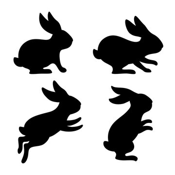 Easter Bunny vector black silhouette. Cute animal characters. For paper, wood, sublimation cutting. Holiday symbol. Isolated on white background.