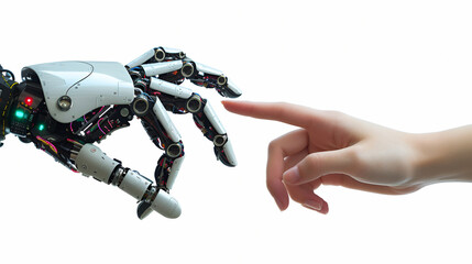 human hand and robot hand connection between humans and technology in two worlds