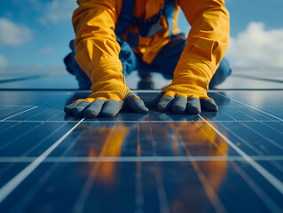 The technician's hands install a solar panel on the roof in a rustic style