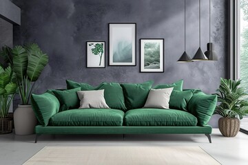 Monochrome interior with green sofa.