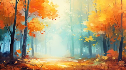 Painting autumn forest and colorful leaves. banner, wallpaper
