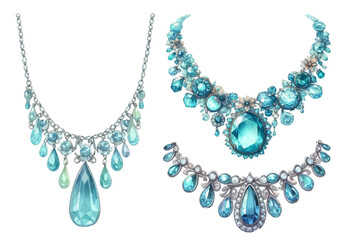 Aquamarine necklace watercolor illustration material set