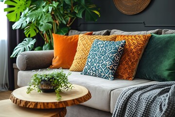 Patterned cushions on sofa next to wooden table and plant in dark apartment interior. Real photo.