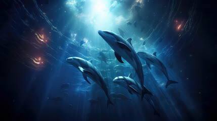 Graceful dolphins glide in perfect formation, illuminated by shafts of light in the vast underwater expanse. A captivating display of marine beauty and teamwork