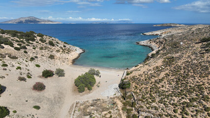 Aerial drone photo of paradise secluded beach of Psili Amos in small island of Schoinousa, Small Cyclades, Greece