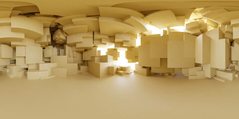 Abstract 3D Render of a Warmly Lit, Beige Cuboid Space With Surreal Architecture 360 panorama vr environment map