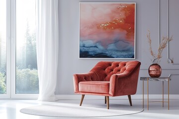 Picture frame with abstract art by a pink velvet armchair.