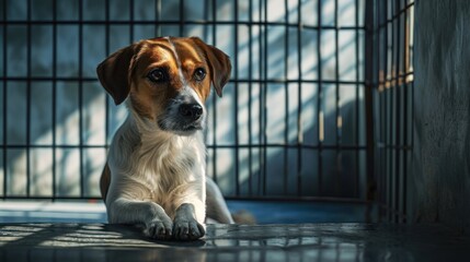 Image of a despondent homeless canine confined in a shelter cage. The concept of caring for animals, the problem of homeless animals.