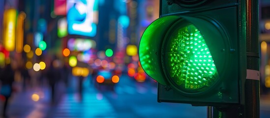 A green traffic light illuminated through an automotive lighting system provides a visually captivating and technologically advanced event in the city at night. - obrazy, fototapety, plakaty