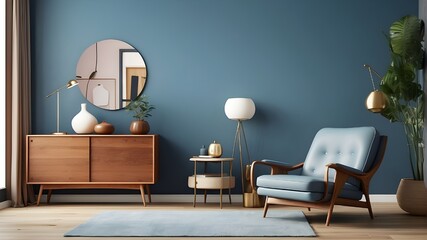 living interior with sofa This is a 3D render of a modern, mid-century living room with a leather armchair and a wood cabinet on a blue wall and wood floor.