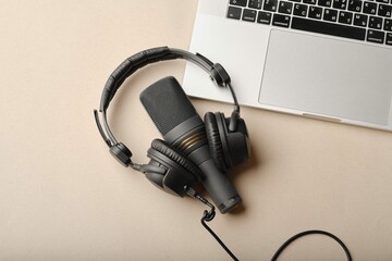 Flat Lay Composition With Microphone Podcasts Black Studio Headphones Brown Background With Coffee Laptop Learning Online Education Conceptxa