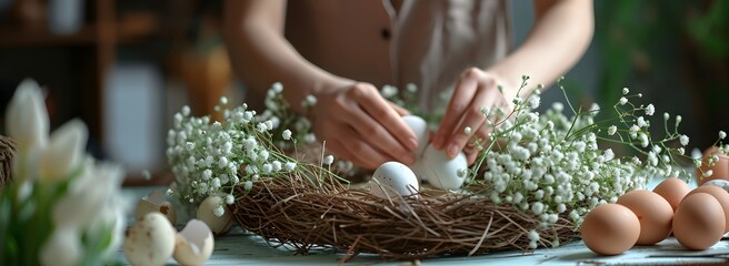 female hands making an Easter wreath from branches, flowers and eggs, spring wreath, Easter, Christ is risen